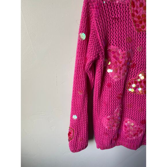 Jack B Quick Hot Pink Crochet Knit Sequin & Bead Valentine's Day Heart Cardigan - Picture 11 of 14
